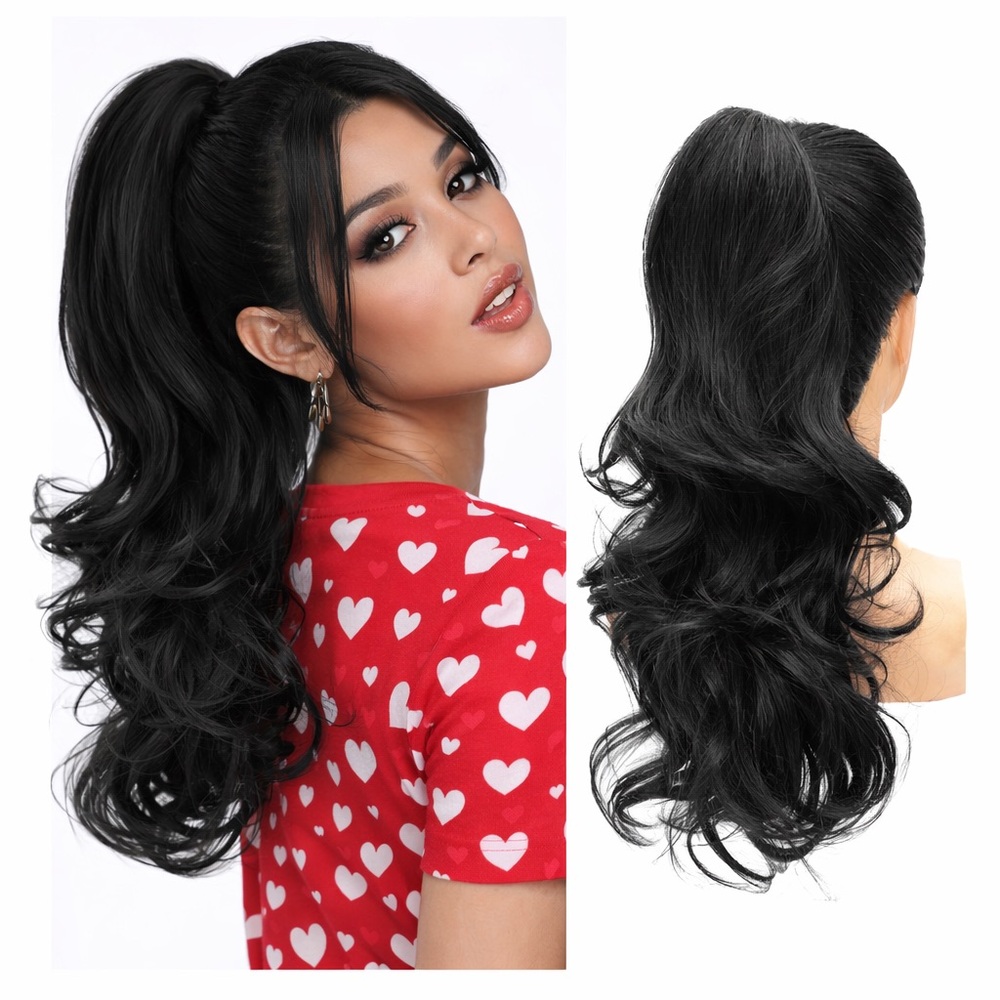18 inch black claw clip ponytail extension long wavy layers synthetic hairpiece